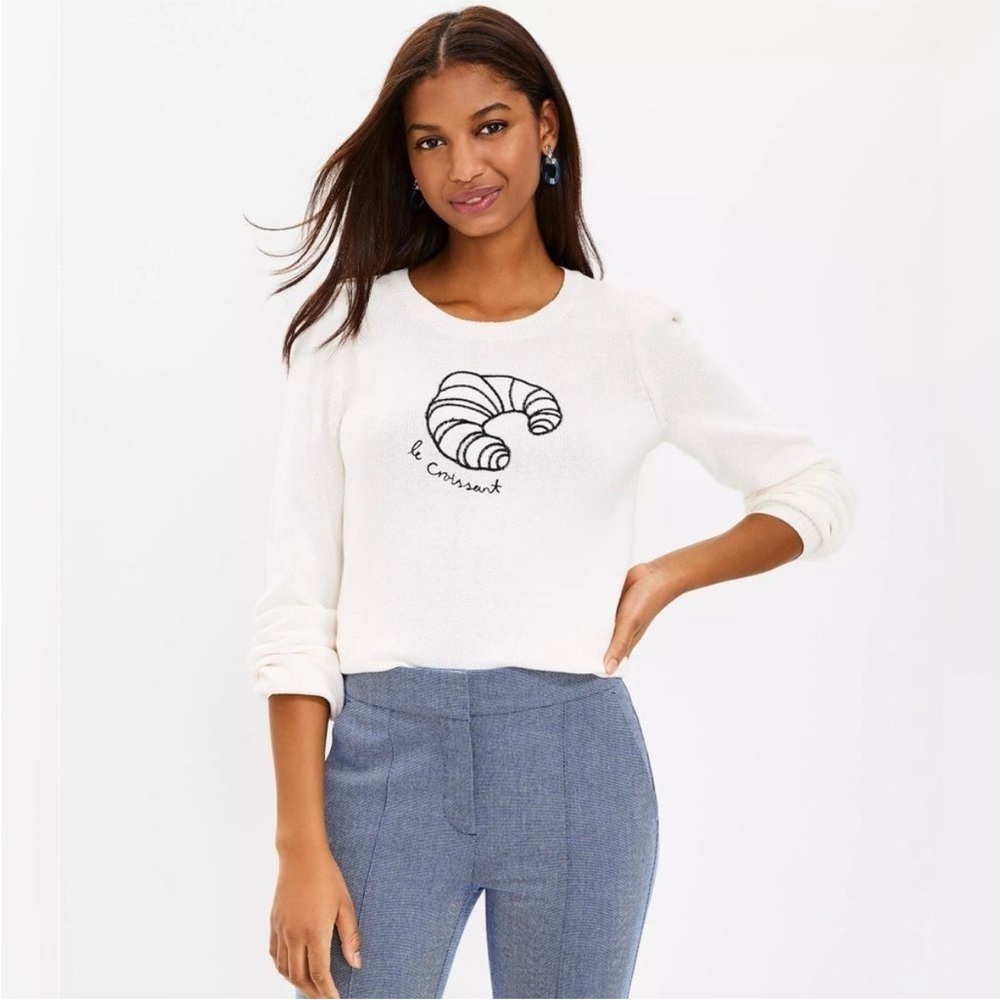 LOFT French Croissant Sweater XS | Cream 100% Cotton Puff Sleeve Cottagecore